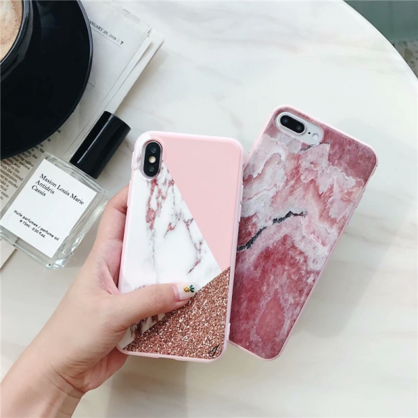Pink Marble Effect Silicone Rubber Phone Cover iPhone 6 6S 7 8 Plus X XR XS Max