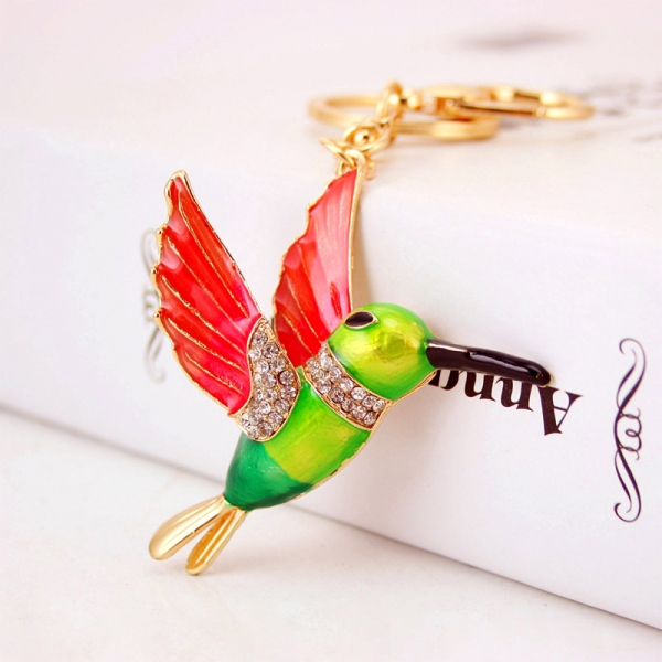 Green Hummingbird Pink Wings Birds Crystal Diamante Bag Charm Handbag Keyring