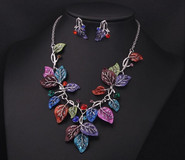 Multi-colour Diamante Leaves Silver Necklace Earrings Set Costume Jewellery