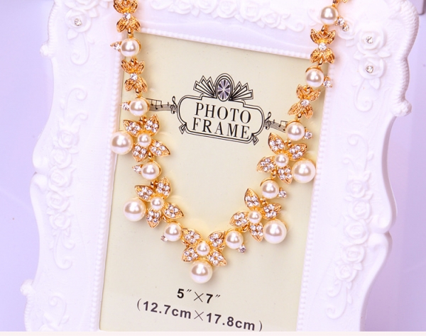 Silver Gold Flowers White Pearls Necklace Collar Statement Fashion Jewellery