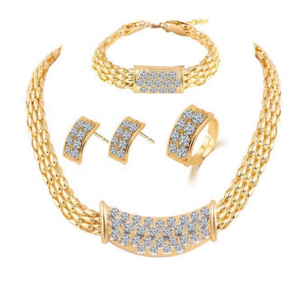 Gold Chain Crystal Diamante Necklace Bracelet Earrings Set Costume Jewellery