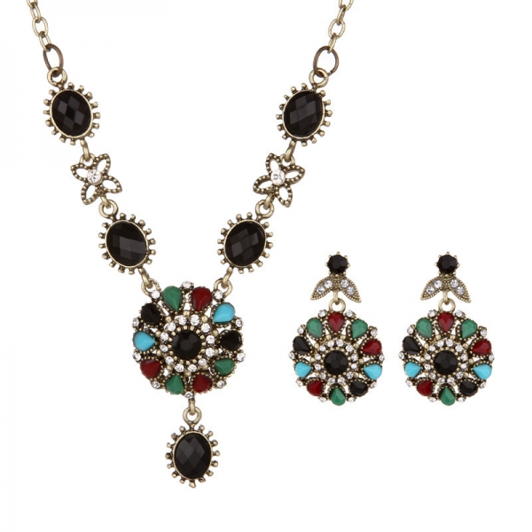 Colourful Mosaics Diamante Flower Necklace And Earrings Set Costume Jewellery