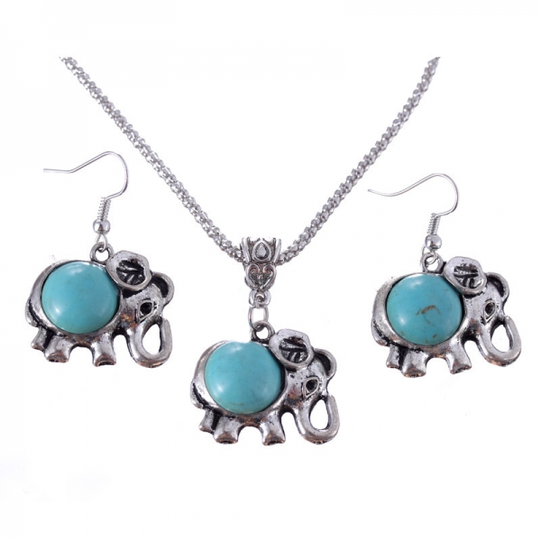 Cute Elephant Pendant Silver Necklace Earrings Set Fashion Costume Jewellery