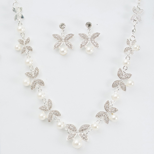 Gold Silver Butterflies Crystal Diamante White Pearls Necklace Earrings Set