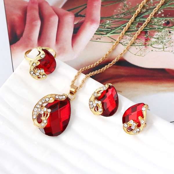 Red Blue Black Rhinestones Water Droplets Gold Necklace Ring And Earrings Set
