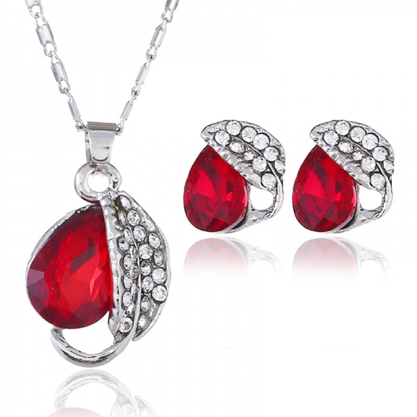 Red Blue Black Rhinestones Water Droplet On Leaf Silver Necklace Earrings Set