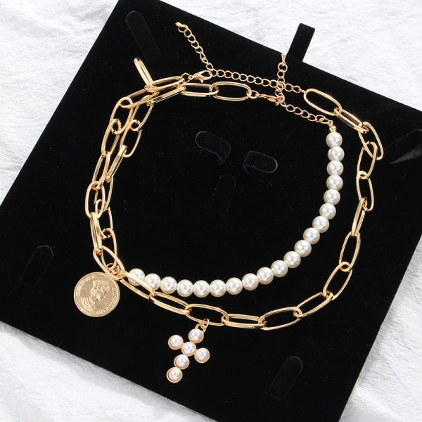 Cross Coin Pearl Stainless Steel Puzzle Pendant Couple Necklace Set Lovers Gift