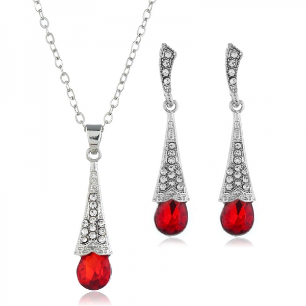 Blue Red Rhinestone Water Droplet Silver Necklace Earrings Set Costume Jewellery