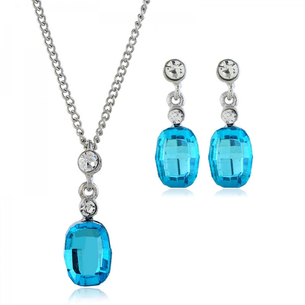 Blue Black Rhinestone Pendant Silver Necklace And Earrings Set Costume Jewellery