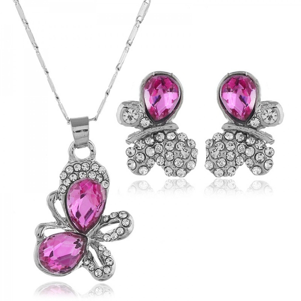 Pink Blue Butterfly Silver Necklace And Earrings Set Diamante Costume Jewellery