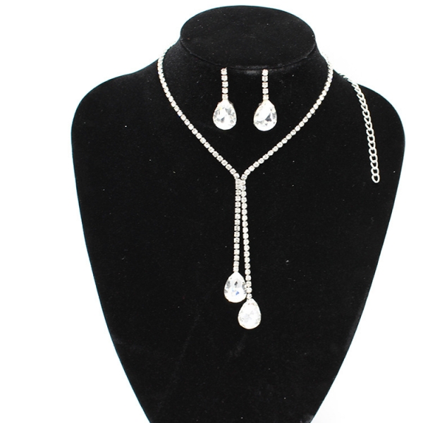 Crystal Diamante Water Droplets Silver Necklace Earrings Set Costume Jewellery