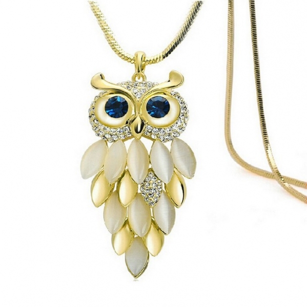 Large Gold Grey Rhinestone Owl Pendant Necklace Fashion Women Jewellery