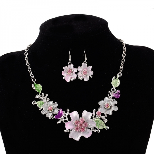Pink Flowers Silver Crystal Diamantes Necklace Earrings Set Costume Jewellery