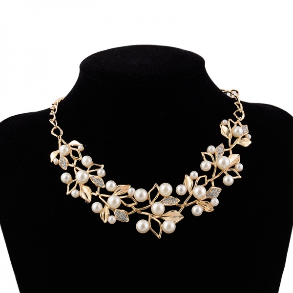 Gold Silver Diamante Leaves Pearls Necklace Collar Statement Fashion Jewellery