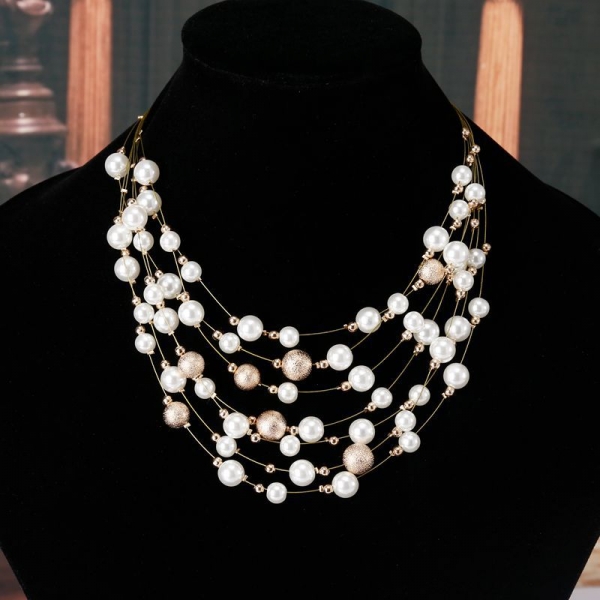 Multi Layers White Gold Pearls Collar Necklace Earrings Set Costume Jewellery