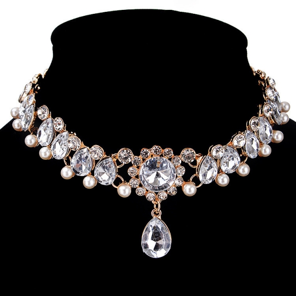 Water Droplets Rhinestones Pearls Necklace Choker Collar Fashion Women Jewellery