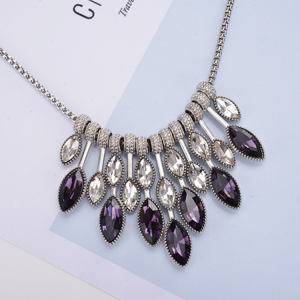 Purple Crystal Rhinestone Raindrops Silver Pendant Necklace Fashion Jewellery