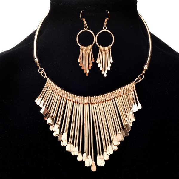 Gold Silver Tassels Collar Necklace And Earrings Set Costume Jewellery