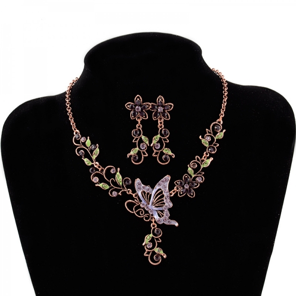 Purple Butterfly Flowers Rhinestone Necklace Earrings Set Costume Jewellery