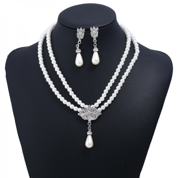 Water Droplets Pendant 2 Layers White Pearls Chain Necklace And Earrings Set