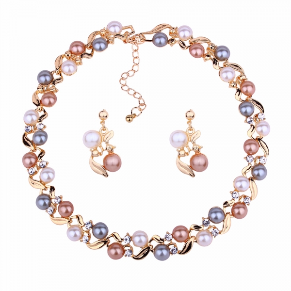 Gold Silver Pearls Flowers Collar Statement Necklace And Earrings Set