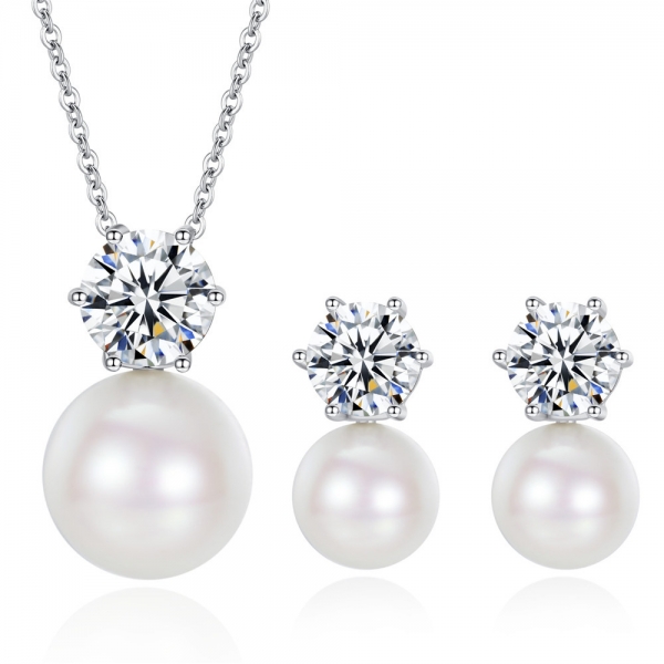 White Pearls Silver Crystal Necklace And Earrings Set Women Costume Jewellery