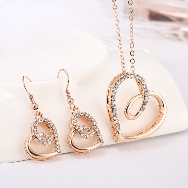 Gold Silver Love Heart Silver Necklace Earrings Set Costume Rhinestone Jewellery