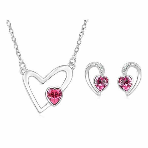 Red Blue Love Heart Silver Necklace Earrings Set Costume Rhinestone Jewellery