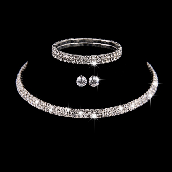 Crystal Diamante Silver Collar Necklace Bracelet Earrings Set Costume Jewellery