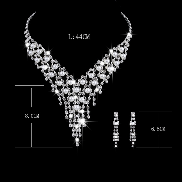 Crystal Diamante White Pearls Silver Necklace Earrings Set Costume Jewellery