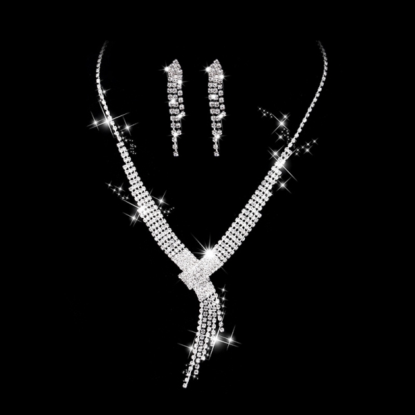 Scarf Shape Crystal Diamante Silver Necklace And Earrings Set Costume Jewellery
