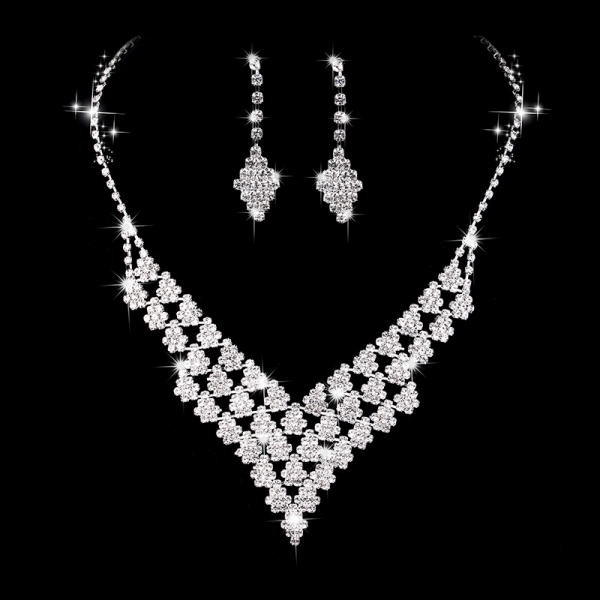 Crystal Diamante Flowers Silver Floral Necklace Earrings Set Costume Jewellery