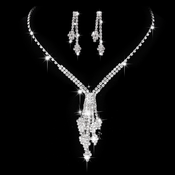 Sparkling Tassel Crystal Diamante Silver Necklace Earrings Set Costume Jewellery