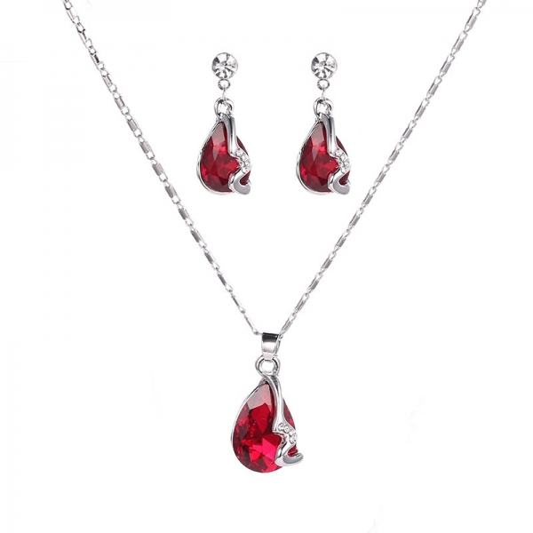 Blue Red Rhinestone Water Droplet Silver Necklace Earrings Set Costume Jewellery