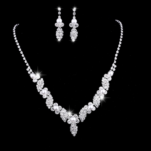White Pearls Leaves Flowers Silver Necklace Earrings Set Costume Jewellery