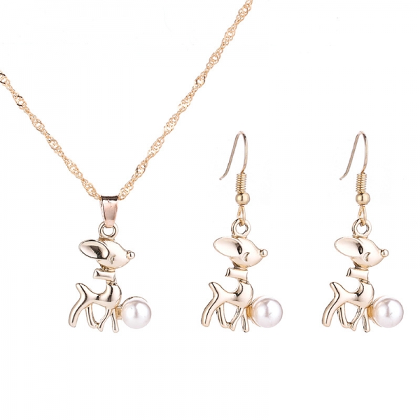 Gold Silver Deer Animals White Pearl Necklace And Earrings Set Costume Jewellery