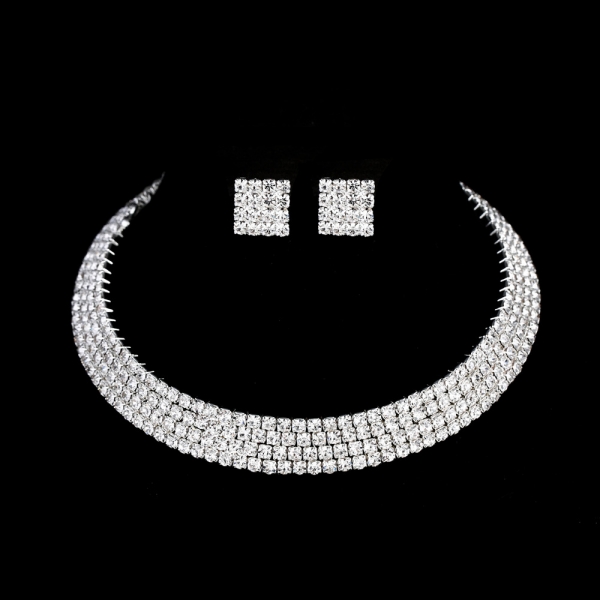 Crystal Diamante Collar Silver Necklace And Earrings Set Costume Jewellery