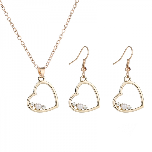 Gold Silver Love Heart Silver Necklace Earrings Set Costume Rhinestone Jewellery