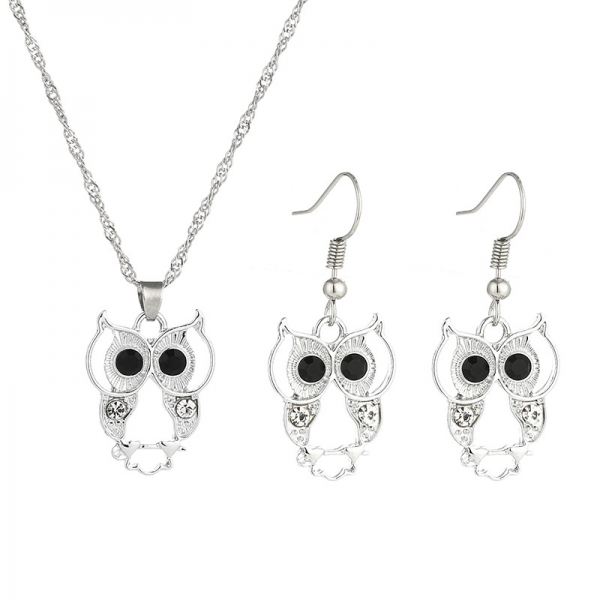 Gold Silver Owls Crystal Diamante Necklace And Earrings Set Costume Jewellery