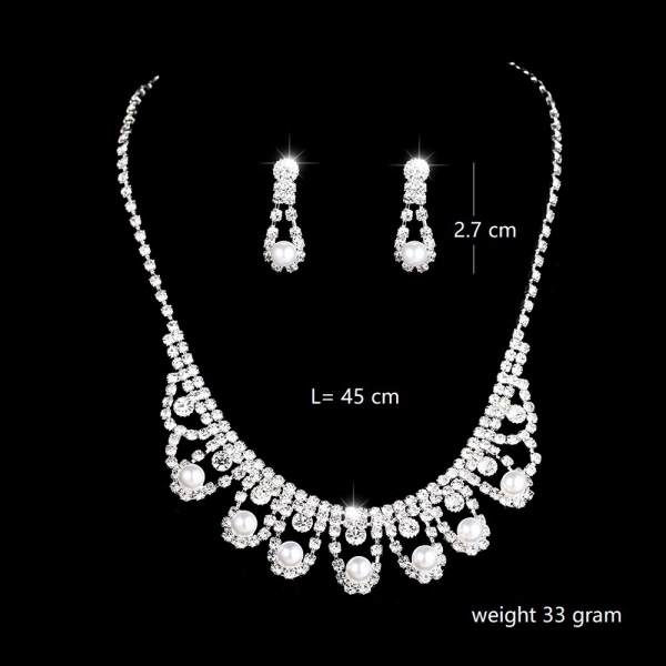White Pearls Crystal Flowers Silver Necklace Earrings Set Costume Jewellery