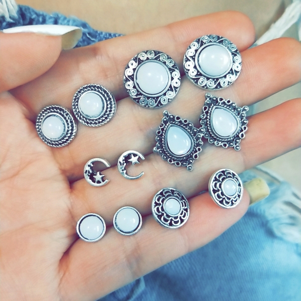 Bohemia Style Set White Gem Earrings