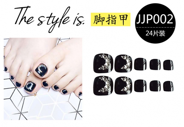 24pcs Diamante Moon Black False Toe Nail Art Tips Full Cover Fake Toenails