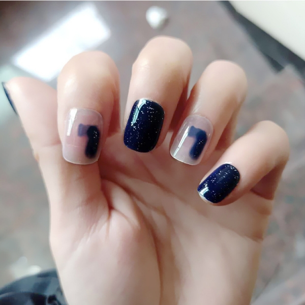 24pcs  Silver Dust Glitter Navy Blue False Nail Tips Full Cover Fake Nails Glue