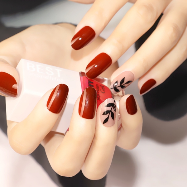 24pcs Plant Leaves Glossy Oval False Nail Tips Full Cover Fake Nails With Glue