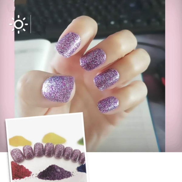 24pcs Silver Dust Glitter Purple False Nail Art Tips Full Cover Fake Nails Glue