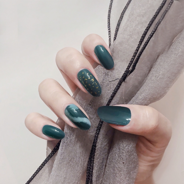 24pcs Dark Green Marble Effect False Nail Art Tips Full Cover Fake Nails Glue