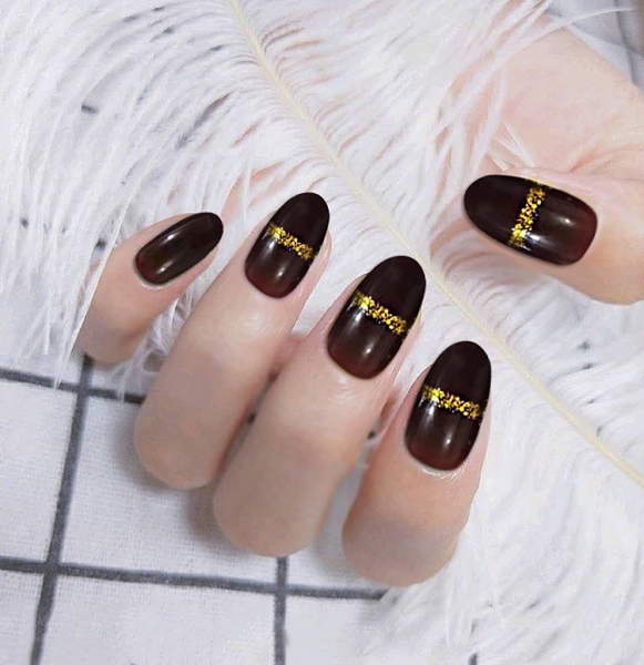 24pcs Gold Dust Glitter Dark Brown False Nail Art Tips Full Cover Fake Nails