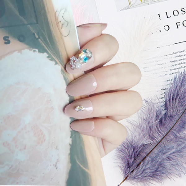 24pcs Crystal Diamante Apricot Color False Nail Art Tips Full Cover Fake Nails