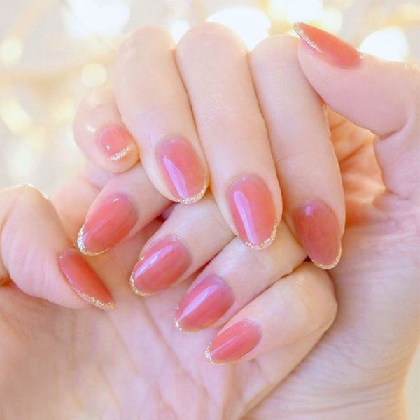 24pcs Gold Dust Glitter Pink False Nail Art Tips Full Cover Fake Nails With Glue