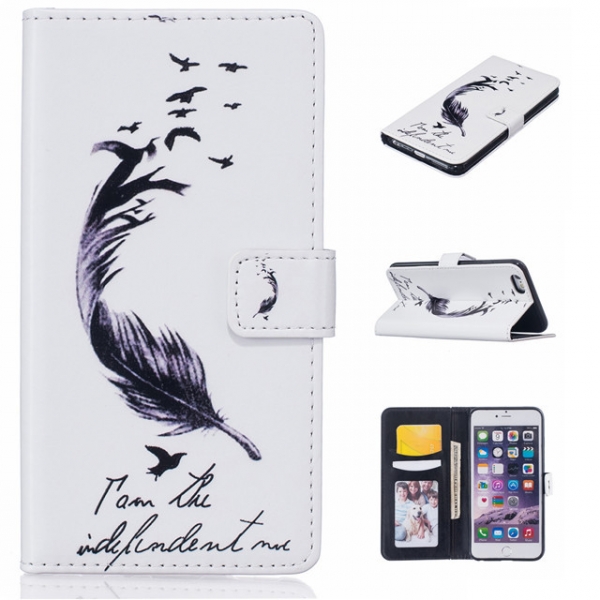 Black White Bird Feather Magnetic Flip Card Pockets PU Leather Phone Case Wallet
